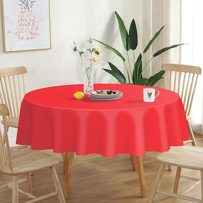 QIKSION Red Round Tablecloth 6 Pack, 84 Inch Plastic Table Cover Disposable for Parties