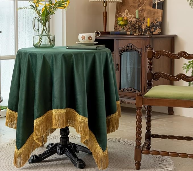 F-CHU Luxury Green Tablecloth Thickset Velvet Tablecloth with Beautiful Gold Tassels Table Cloth for Home Decor Wedding, Party, Banquet and Events 60x60-Inch