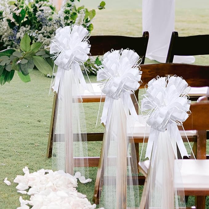 30 Set Wedding Pew Bows with Long Tulle Tails Wedding Aisle Decorations Church Chair Aisle Decoration Car Decoration Big Bows for Bridal Shower Reception Anniversary (White)