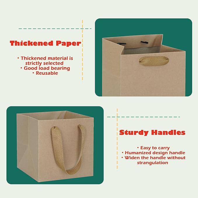 ADIDO EVA Kraft Brown Square Gift Bags Small Size Square Bottom Paper Bags with Handles for Party Favor, Shopping Packaging Bags (8x8x8 In, 10 CT)