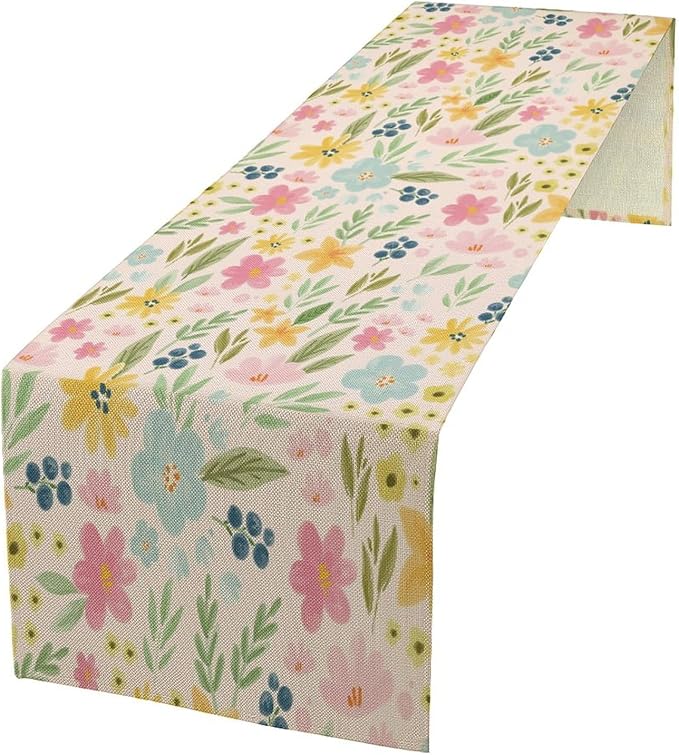 Floral Table Runner, Boho Style Watercolor Flower Green Leaf Plant Rectangle Table Decoration for Dining, Party, Holiday,13in（33cm） W * 120in（305cm） L