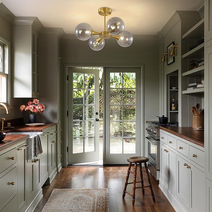 KCO Lighting 4-Lights Modern Gold Globe Semi Flush Mount Ceiling Light Mid Century Brushed Brass Schoolhouse Close to Ceiling Light Smoke Gray Glass Chandelier Lighting for Bedroom