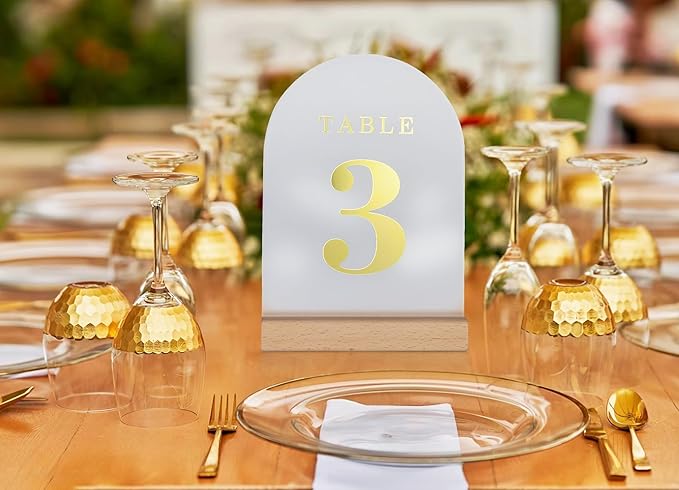 Wedding Table Numbers 1-10, Acrylic Arch Signs with Natural Wood Stands Holders, Rustic Table Decor for Reception & Parties (Frosted Gold)