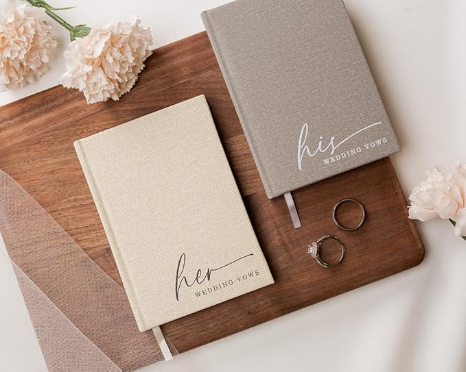 His & Her Wedding Hardcover Vows Books (Set of 2) - 5.75 x 5 Minimalist Pocket Sized Embossed Wedding Ceremony Vow Renewal Speech Notebook Journal