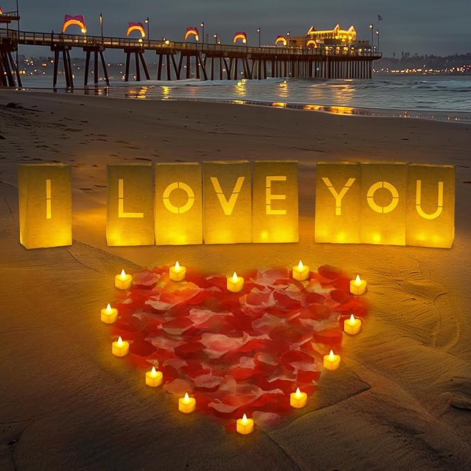 Homemory I Love You Light Up Letters Proposal Decorations with Flameless Candles and Fake Rose Petals, Valentine's Day Luminary Bags Romantic Decorations Special Night for Wedding Anniversary