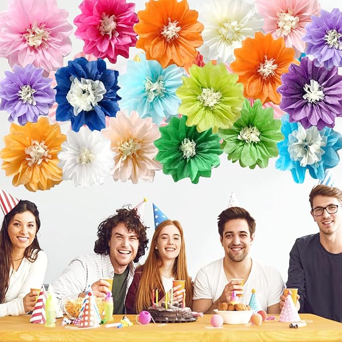 12pcs 8in 10in Paper Flowers Tissue Flowers Pom Paper Pom Poms Hanging Paper Flowers Wall Backdrop Wedding Party Flower Decorations DIY Art Craft Blooms for Birthday Baby Shower Decor White red Black