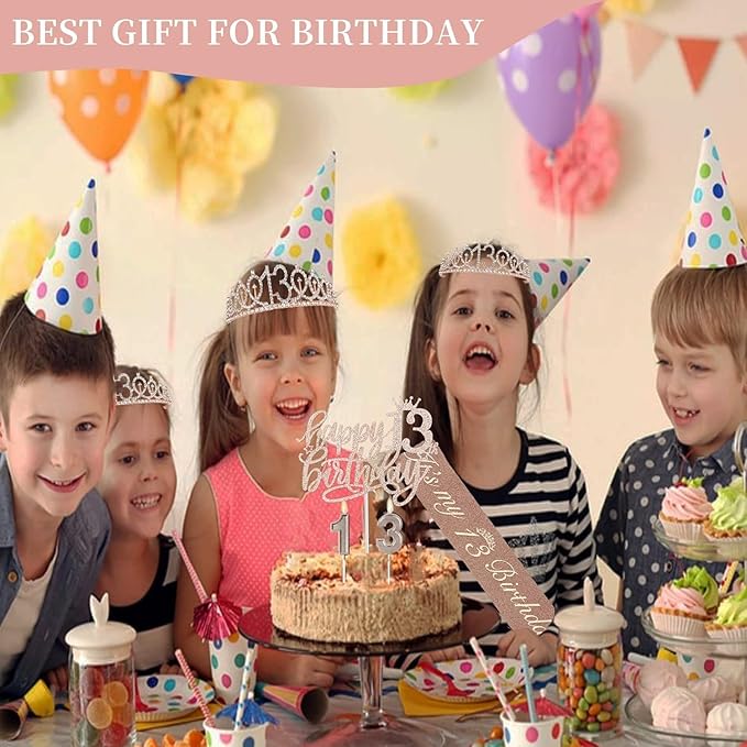 13th Birthday Decorations for Girls, Including Sash, Crown/Tiara, Candles and Cake Topper, Rose Gold Teen Girl Gifts for 13 Year Old Birthday Decorations