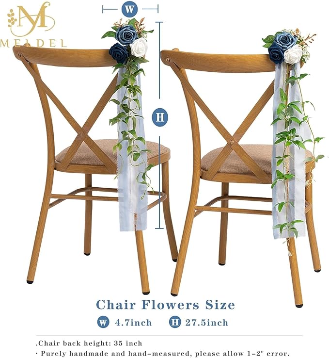 Meldel 10Pcs Elegnat Wedding Chair Back Decorations Aisle Artificial Blue White Rose Flowers Garland with Ribbion for Ceremony Reception and Reception Seating Arrangements Party Outdoor Decor