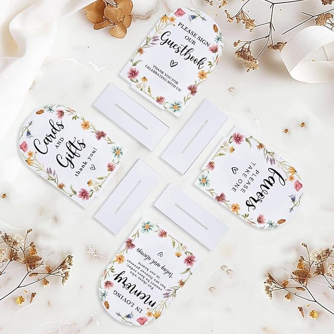 4 Pcs Acrylic Wedding Signs for Reception, Bridal Shower Decorations, Cards and Gifts Signs, Guest Book Sign, Arch Acrylic Table Top Sign with Holder for Wedding Reception (White Wildflowers)