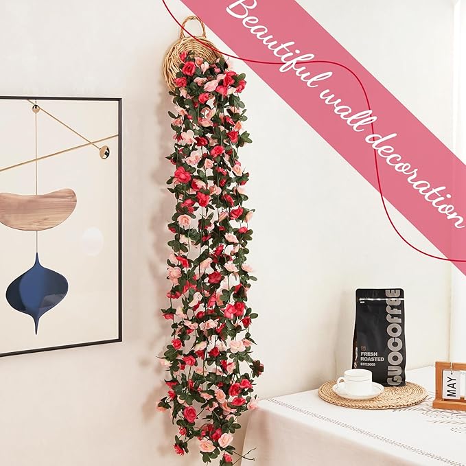 12 Pcs 99 Ft Flower Garland Rose Vines, Pink Rose Garland for Decoration, Flower Vine for Room Table Birthday Wedding Party Garden Wall Decor