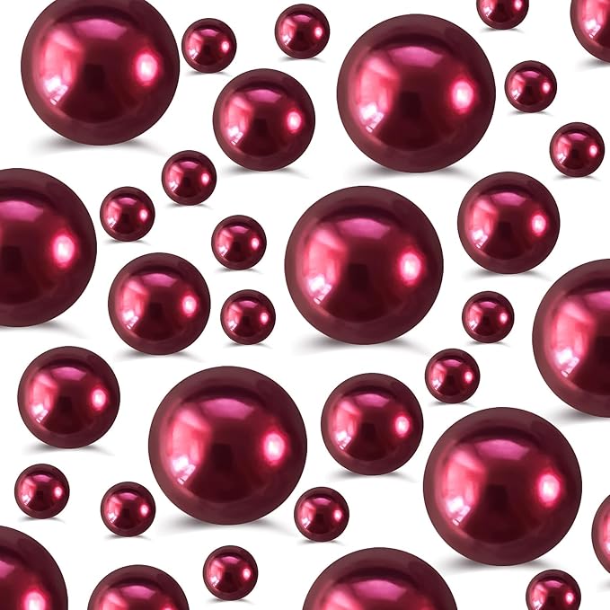 520Pcs WineRed Beads for Centerpieces Decor, Artifical Pearls Vase Filler, Large Beads for Makeup Brush, No Hole Round Pearl Beads for Wedding Birthday Christmas Party Home Decor(18mm 14mm 6mm)
