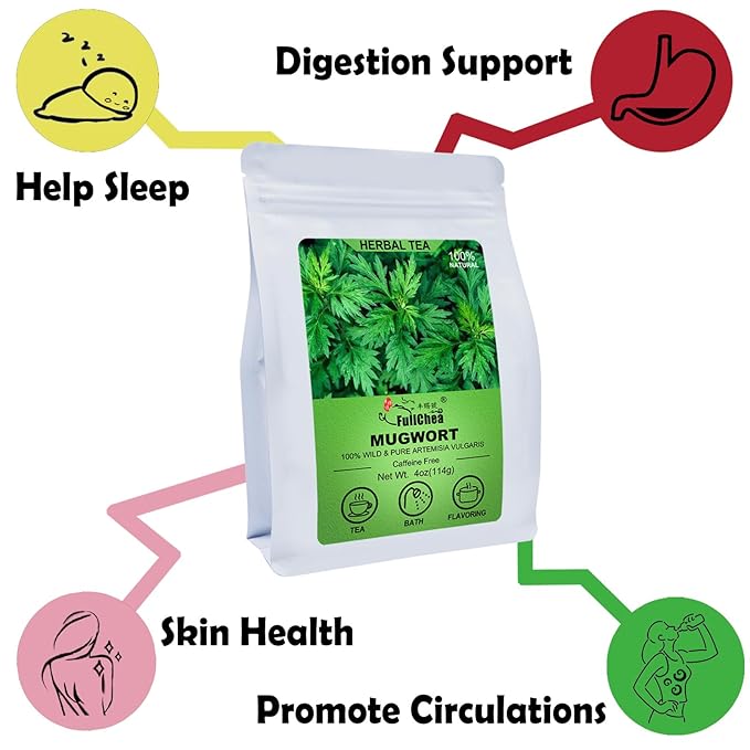 FullChea - 100% Pure Natural Dried Mugwort Herb Loose Leaf - 4oz/114g - Superior Dried Mugwort Tea - Sulfur-free - Non-GMO - Caffeine-free - Help Lucid Dream
