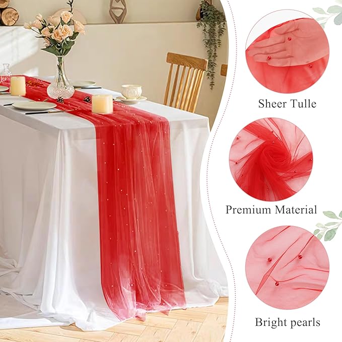 Set of 6 Pearl Table Runner 29 x 120 Inch Tulle Fabric Lace Table Runners Boho Rustic Tablecloth for Bridal Shower Birthday Party Wedding Arch Aisle Veil Dessert Table Decor(Red)