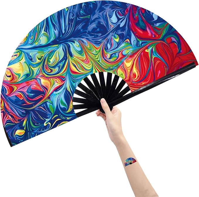 Amajiji Large Folding Hand Rave Fan Popping Fan for Line Dancing Clacking Fans for Boots On The Ground Dance,Party,Decoration,Festival (Ice Ｆire)