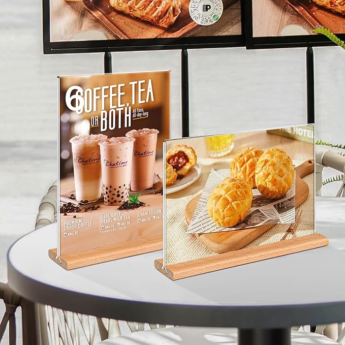 Kersally Acrylic Sign Holder 7 x 5'',6 Pack Double-Sided Clear Table Display Stands with Wood Base,Horizontal Acrylic Frame Menu Flyer Paper Holder for Store, Restaurant, Hotel, Office, Show Fair
