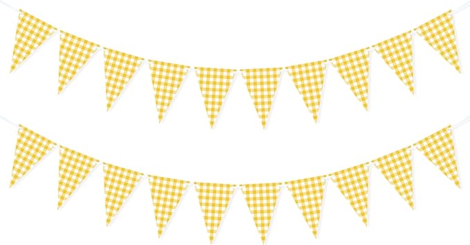 Yellow Gingham Banner for Picnic, BBQ Themed Party Decorations, Yellow and White Checkered Bunting Flag Garland for Lemon Wedding Baby Shower Birthday Party Supplies