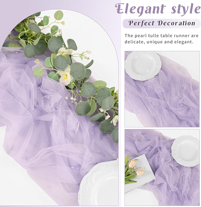 Set of 6 Pearl Table Runner 29 x 120 Inch Tulle Fabric Lace Table Runners Boho Rustic Tablecloth for Bridal Shower Birthday Party Wedding Arch Aisle Veil Dessert Table Decor(Light Purple)
