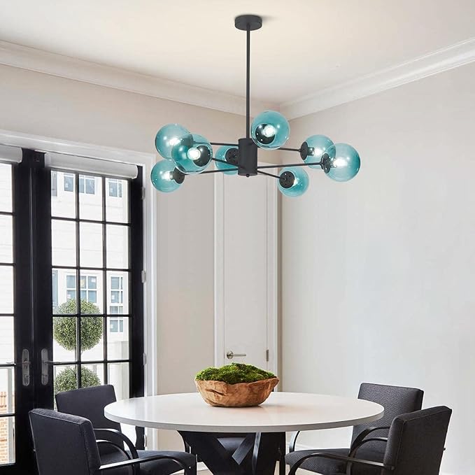 KCO Lighting Modern 8-Lights Blue Glass Sputnik Chandelier Mid-Century Matte Black Globe Flush Mount Chandelier Industrial Large Glass Ball Sputnik Chandelier Pendant Lamp (Black+Blue)