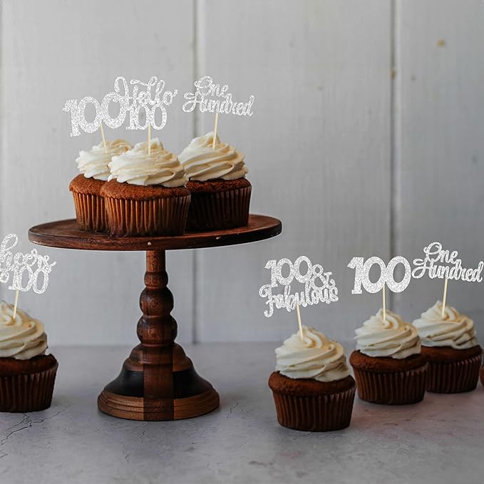 30pcs Happy 100th Birthday Cupcake Toppers - Silver Glitter One Hundred Cheers to 100 Years Old Cupcake Picks for Anniversary Party Cake Decorations