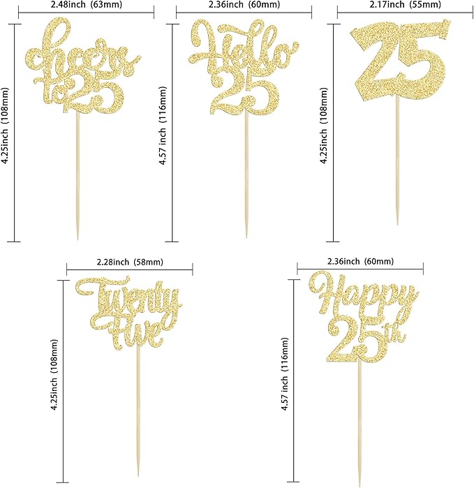 30pcs 25th Birthday Cupcake Toppers - 25th Anniversary Cake Decorations with Gold Glitter