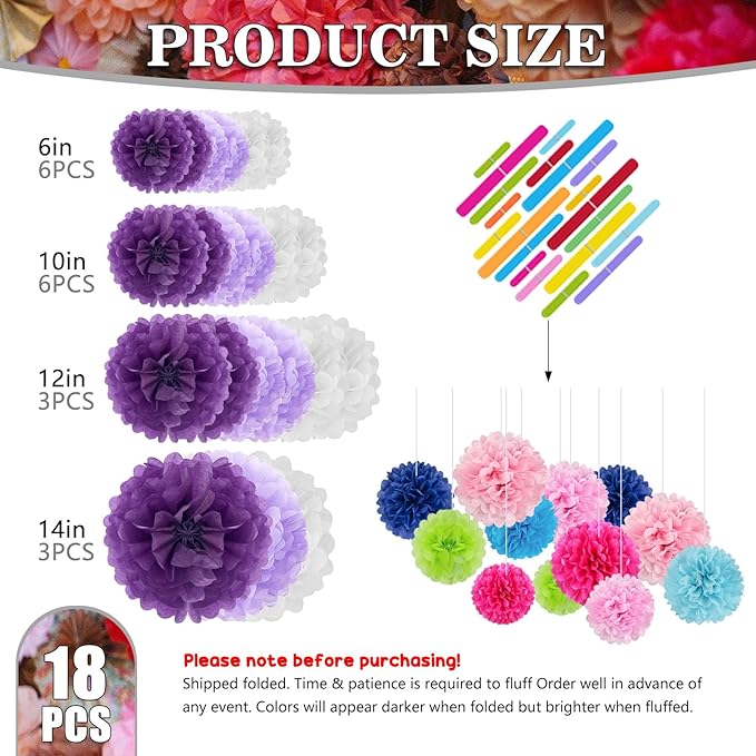 Tissue Paper Pom Poms, Purple White Tissue Paper Flowers, Hanging Flower Balls for Weddings Fiesta Parties Birthday Baby Showers Classroom Bridal Shower Decoration (18Piece Set-6/10/12/14Inch)