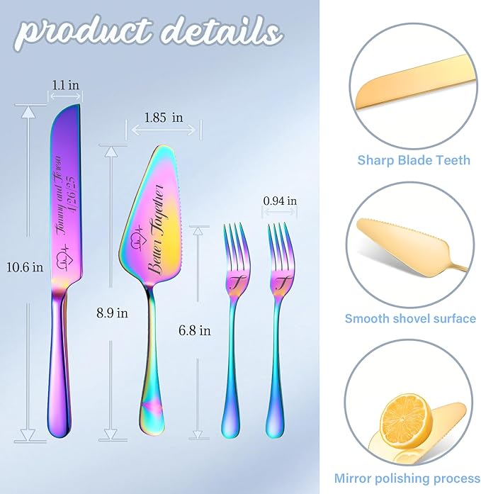 Personalized Wedding Cake Knife and Server Set, Custom Names Cake Cutting Set with Stainless Steel Forks, Customized Bridal Anniversary Birthday Wedding Registry Gifts (Multicolor)