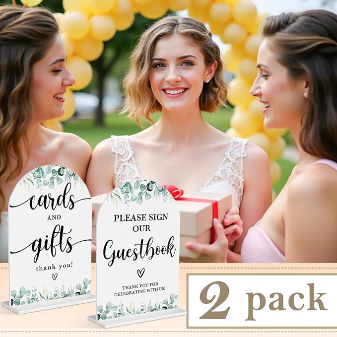 2 Pcs Acrylic Wedding Signs for Reception, Bridal Shower Decorations, Cards and Gifts Signs, Guest Book Sign, Arch Acrylic Table Top Sign with Holder for Wedding Reception (White Eucalyptus Leaves)