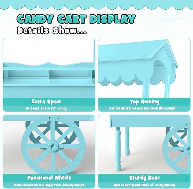 7FT Candy Cart Display Stand with Decorated Wheels, Dessert and Party Decoration Cart with 100 Ballons, Easy to Install Vintage for Parties, Birthdays, Weddings, (blue)