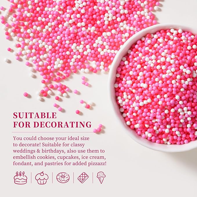 Pink Sprinkles for Cupcakes, 2 mm Pink and White Pearl Sprinkles, Nonpareils Sprinkle for Cookies, Cake, Ice Cream, Macarons, and Baking(120g/4.23oz)