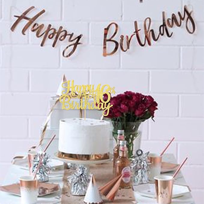 1 PCS Happy 16th Birthday Cake Topper Gold Glitter Cheers to 16 Years Birthday Cake Pick Sweet 16 Fabulous Cake Decoration for Happy 16th Birthday Theme Party Decorations Supplies