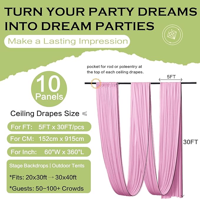 PartyVillage 10 Panels 5ftx30ft Baby Pink Ceiling Drapes for Wedding Parties – 30 FT Extra Long Thick Polyester Wrinkle-Free Drapery Tent Decor Decorations for Birthday Party Ceremony Stage Swag