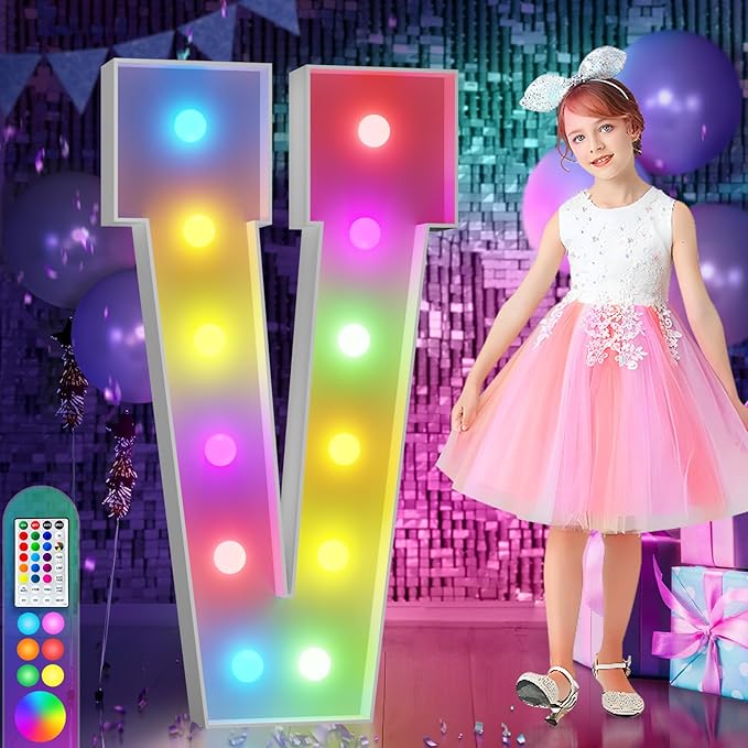imprsv 4FT Colorful Marquee Light Up Letters V, 18 Colors Large Light up Letters Alphabet Sign with Remote, Large Marry Me Sign, Birthday Party Decorations Baby Shower Anniversary Wedding Decoration