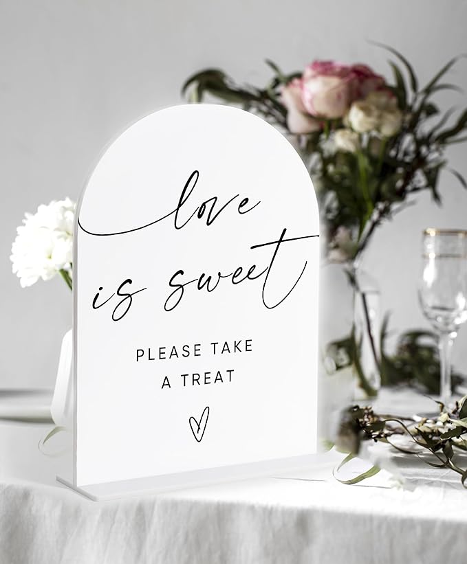 Love Is Sweet Sign for Dessert Table, White Arch Acrylic Wedding Sign, Wedding Reception Decorations, Bridal Shower Decor, Engagement Decor, Centerpiece Table Decorations Party for Bride and Groom-1