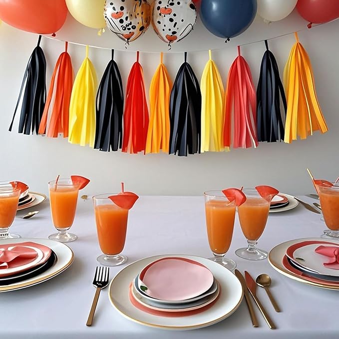 Fire Truck Tissue Tassel Garland - DIY Firefighter Birthday Party Decorations with 20 Pre-Cut Yellow Red Black Orange Paper Garland Banner, for Baby Shower,Race Car,Fire Truck Theme