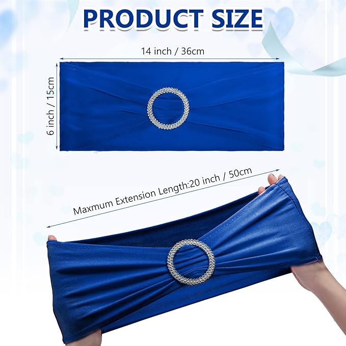 CHENGU 150 Pieces Spandex Stretch Chair Sashes Bows Elastic Chair Cover Bands Ties with Buckle Slider for Wedding Party Reception Events Universal Ceremony Banquet Decorations (Blue)