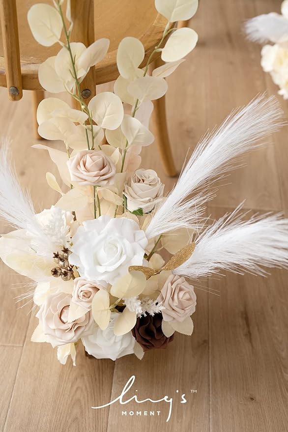 Ling's Moment 17.5" Tall Standing Artificial Flowers Arrangements 4 pcs Fall Wedding Aisle Runner Chair Decorations White Beige Centerpieces for Ceremony Reception Rose Floral Party Outdoor