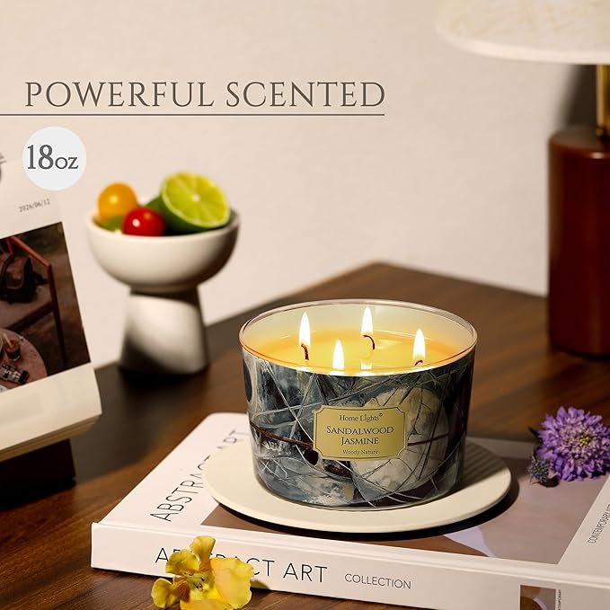 HomeLights Soy Wax Candles for Home Scented, 4-Wick Candles in Sandalwood Jasmine Scented, Industrial Chic Aromatherapy Candles Gift for Parties, Relaxing, 18oz