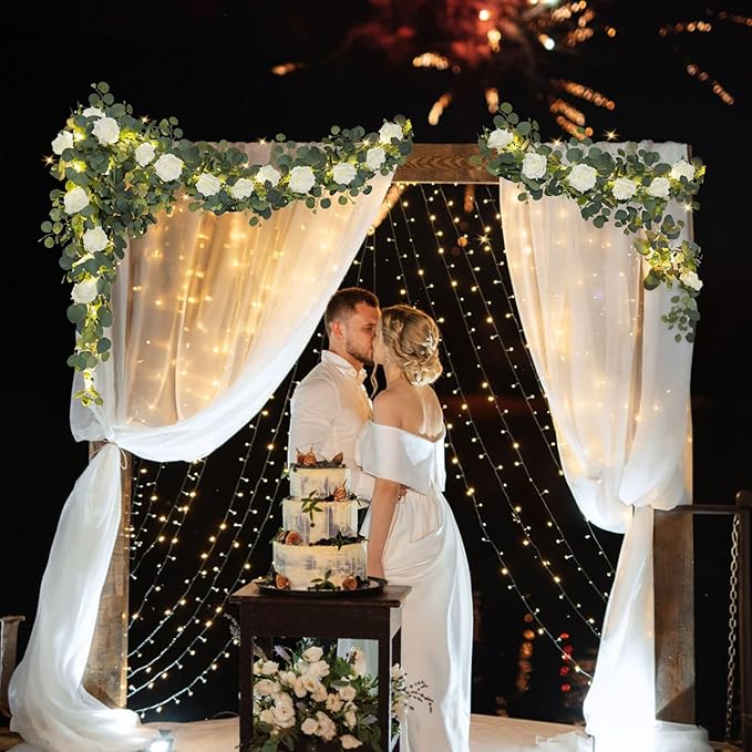 MACTING 2 Pack 13.2FT Eucalyptus Garland with Lights - Spring Gypsophila Flower Garland with 24 White Roses Artificial Floral Greenery Vine for Arch Table Centerpieces Backdrop Party Wedding Decor