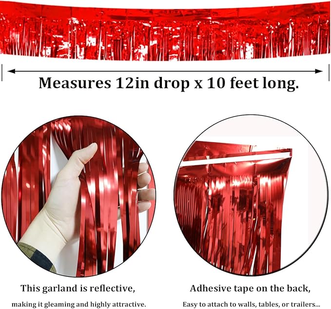 4 Pack Red Total 40 Feet Foil Fringe Garland Metallic Tinsel Banner Wall Hanging Drapes Parade Float Skirting Decorations for Trailer Mardi Gras Party Birthday Wedding Baby Shower