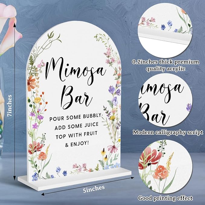 Acrylic Wedding Signs, Mimosa Bar Signs for Marriage Reception, Bridal Shower Decorations, Modern Arched Round Top Acrylic Table Top Sign with Holder for Wedding Party Dinner (White Wildflowers)