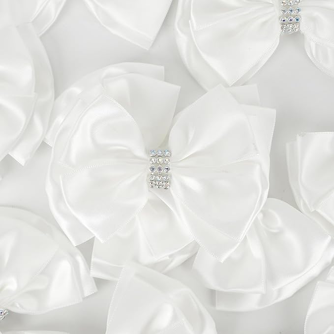 White Satin Bows 4'' Premade White Ribbon Bows, Gift Bows with Rhinestone, Wrapping Bows for Presents, Greeting Cards, Treat Bags, Wine Bottles, Valentines Bows for Gift Wrapping-12 Counts