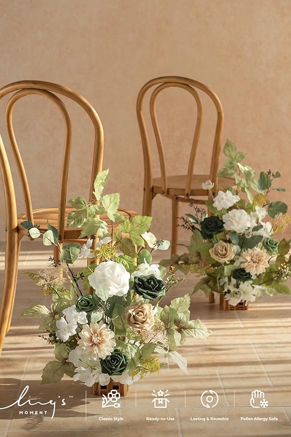 Ling's Moment 17.5" Tall Standing Artificial Flowers Arrangements 4pcs Fall Wedding Aisle Runner Chair Decorations Emerald & Tawny Beige Centerpieces for Ceremony Reception Rose Floral Party Outdoor