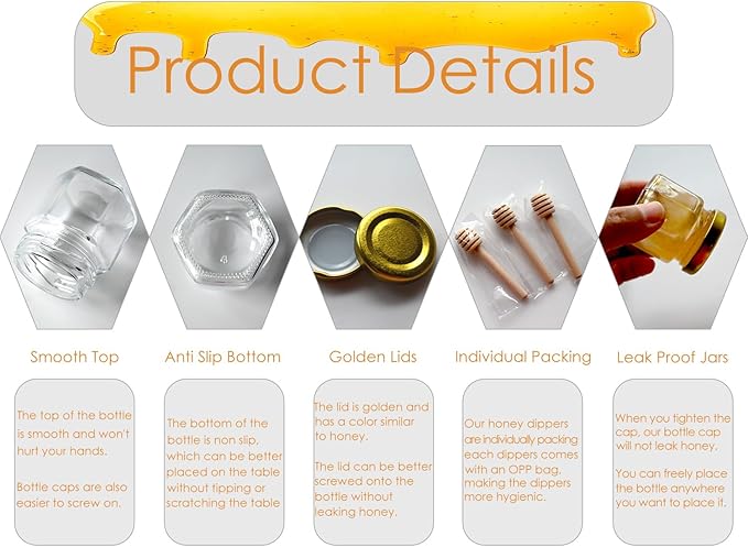 Adabocute Mini Honey Jars - Honey Pot With Honey Dipper, Bee Pendants, Jutes, Tags and Gold Organza Bags - Perfect For Baby Shower Favors, Party Favors and Wedding Favors, 40 Pack 1.5oz