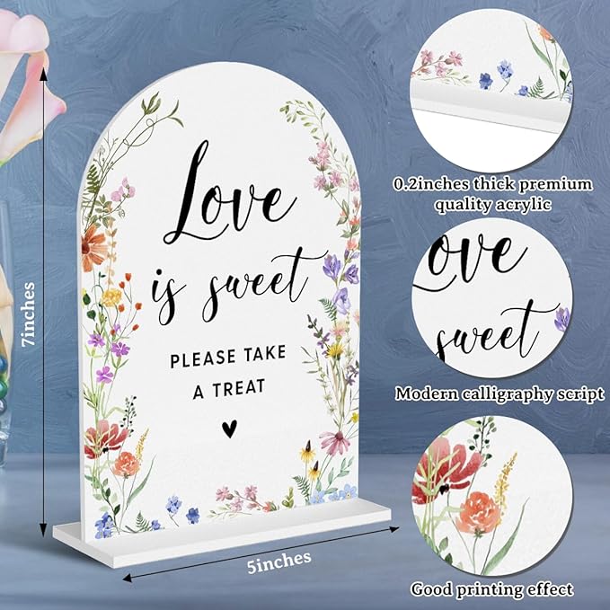 Acrylic Wedding Signs, Love is Sweet Signs for Marriage Reception, Bridal Shower Decorations, Modern Arched Round Top Acrylic Table Top Sign with Holder for Wedding Party Dinner (White Wildflowers)