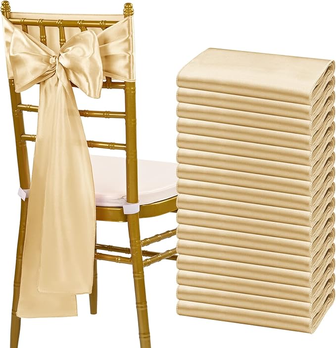 fani 60 PCS Champagne Satin Chair Sashes Bows Universal Chair Cover for Wedding Reception Restaurant Event Decoration Banquet,Party,Hotel Event Decorations (7 x 108 inch)
