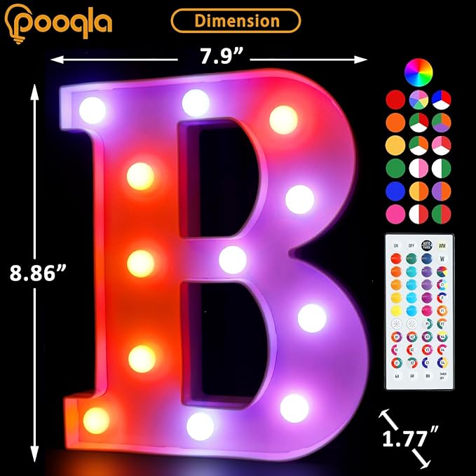 Pooqla Colorful Light Up Letters with Remote, Upgraded 35 Colors LED Marquee Letters, RGB Lighted Letter for Girls Teenager Gift, Birthday, Party, Wedding, Night Light, Room, Bedroom Decor, Letter B