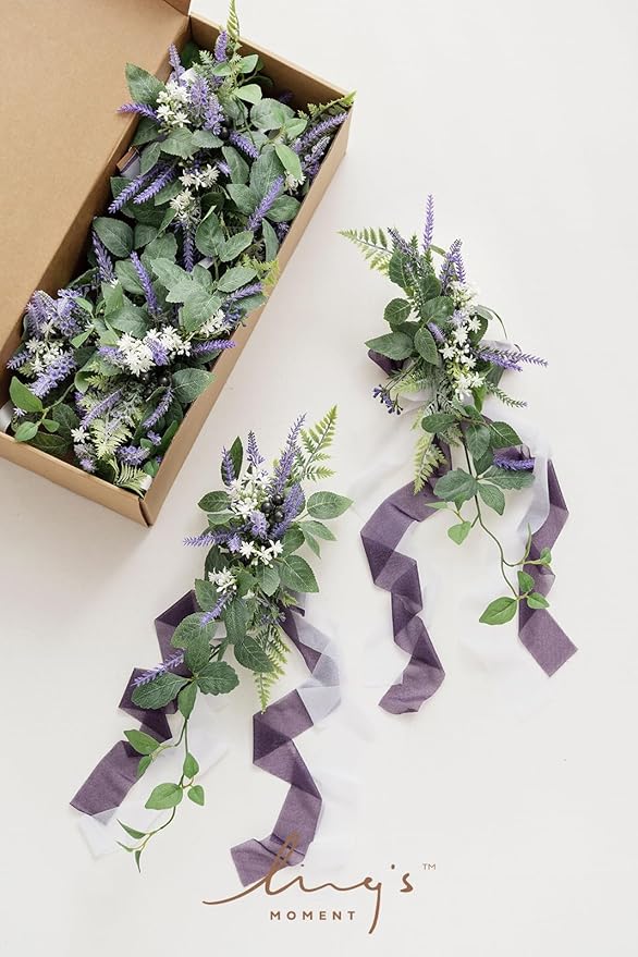 Ling's moment 8pcs Wedding Artificial Aisle Pew Flowers Chair Decorations Arrangements with Chiffon Ribbons Lavender Purple for Ceremony Chair Back Floral Decor Reception Church Party Outdoor