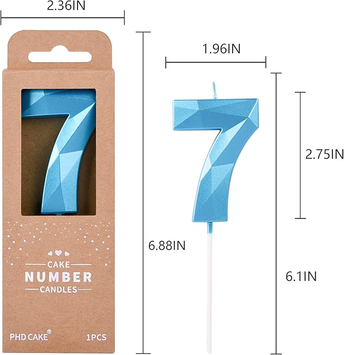 PHD CAKE 2.76 Inch Crystal Blue 7 Number Birthday Candles, Blue Number Candles, Cake Number Candles, Party Celebration