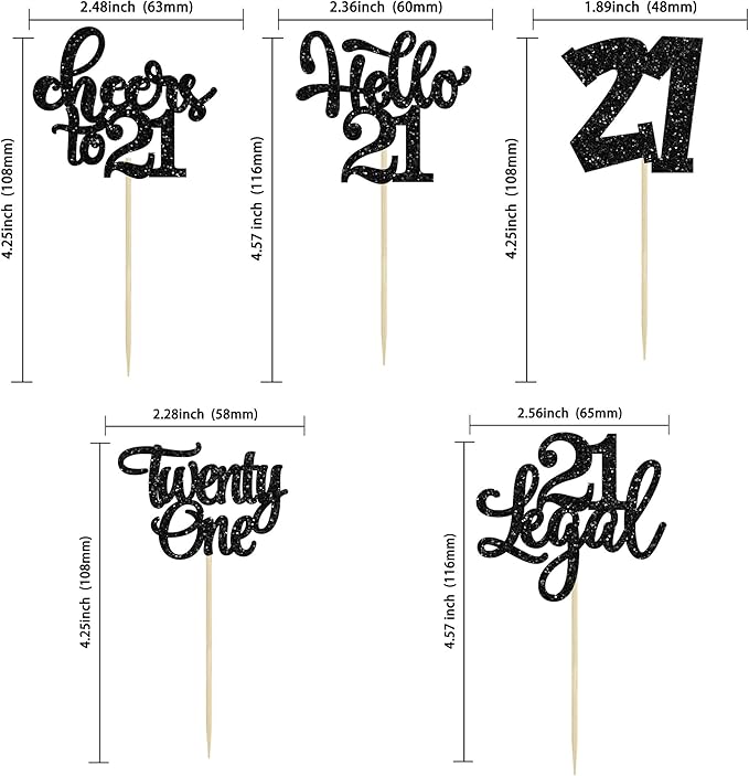 30pcs 21st Birthday Cupcake Toppers - Legal 21st Cupcake Picks - Cheers to 21 Years Old Cake Decorations - Black Glitter