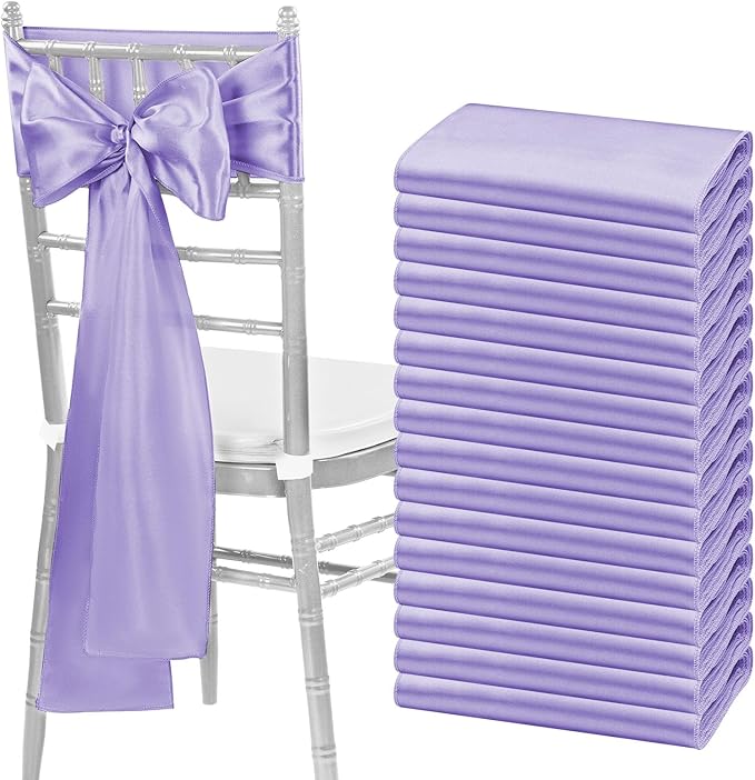 fani 60 PCS Lavender Purple Satin Chair Sashes Bows Universal Chair Cover for Wedding Reception Restaurant Event Decoration Banquet,Party,Hotel Event Decorations (7 x 108 inch)